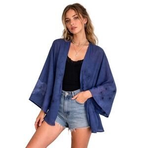 BLUE ROSE Handmade Sheer‎ Kimono Jacket Floral Open Front Art to wear Lagenlook